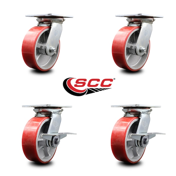 6 Inch Red Poly on Cast Iron Swivel Caster Set with Ball Bearings 2 Brakes SCC